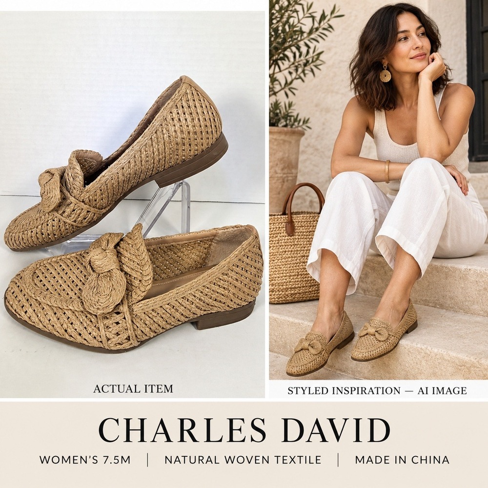 Charles David Finite Woven Raffia Bow Loafer Flats Natural Tan Size 7.5M